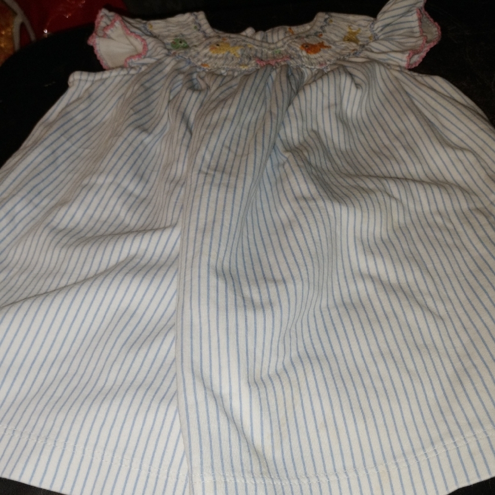 Striped Baby Dress with Embroidered Smocking Fish Details